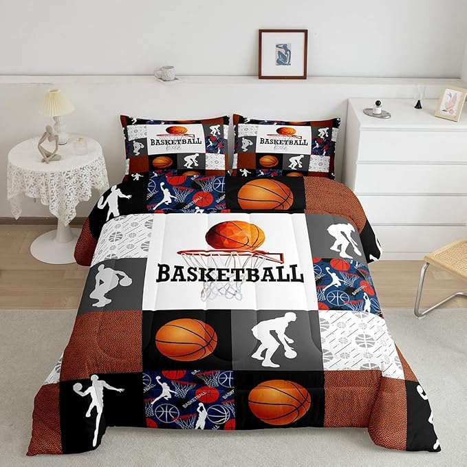 Basketball Twin Comforter Set For Boys Sports Bedding Set Basketball Athlete Bed Comforter Sets Patchwork Style Orange Black White Grey Soft Lightweight Quilt Duvet Insert 1 Pillow Case Room Decor