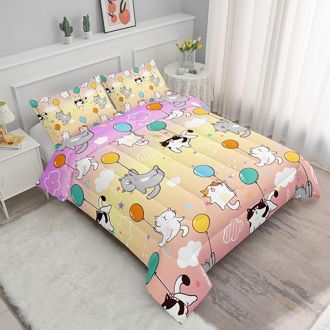 Datura home Kids Comforter Set Cute Cats Printed Pattern Bedding Set with 1 Comforter and 2 Pillowcases for Girls Boys Bedroom All Season(Cat1 Twin)