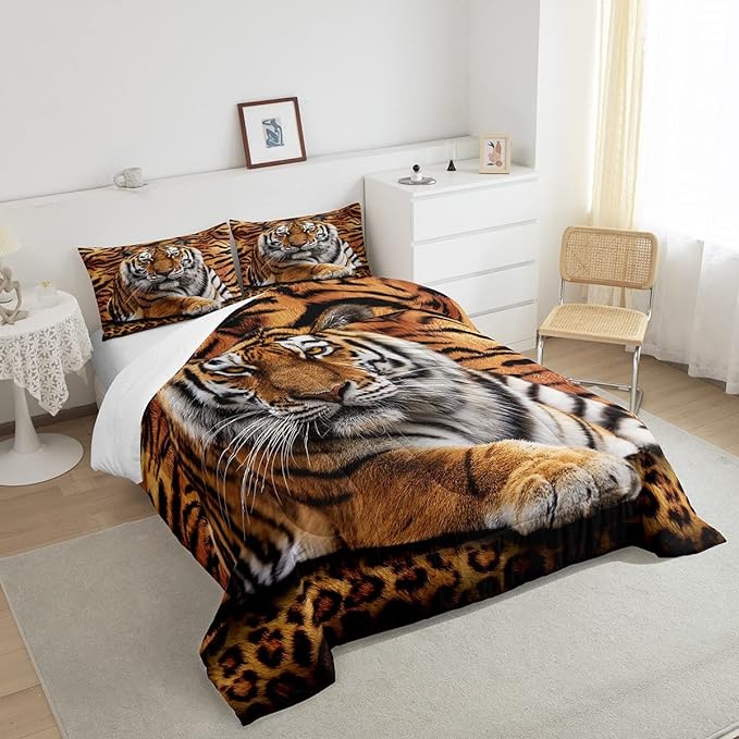 Tiger 3D Print Comforter Set Twin Size Wild Animals Bedding Set 2pcs for Kids Teens Room Decor,Animal Fur Quilt Set Soft Breathable Duvet Insert with 1 Pillowcase