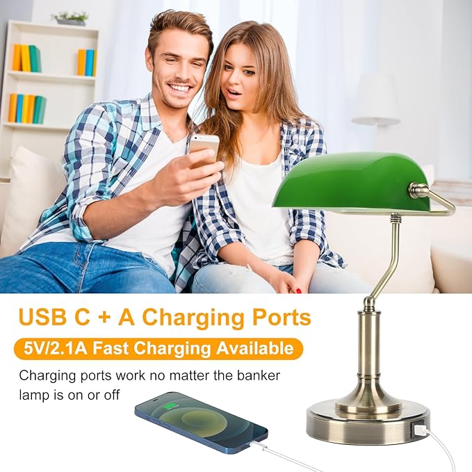 Bankers Lamp, Green Desk Lamp with Touch Control Switch, Retro Lamp with USB and Type C Charging Ports, Vintage Lamp for Home Office, Piano, Library, LED Bulb Included (Vintage)