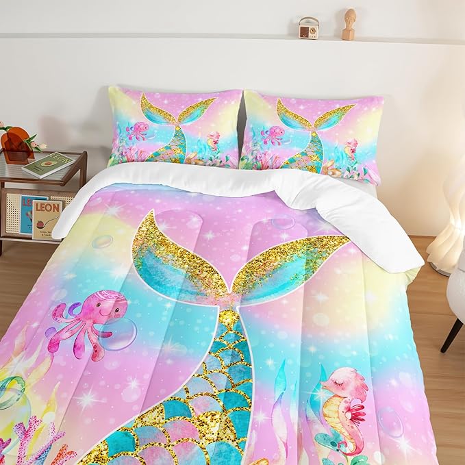 HOSIMA Mermaid Comforter with 2 Pillowcases,Girly Rainbow Bedding Set Mermaid Tail Comforter,Glitter Gold Fish Scales Full Size Bed in a Bag Set,Cute Sea Animal Octopus Seahorse Comforter.