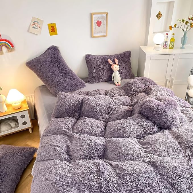 Faux Fur Kid Girls Purple Comforter Sets Queen - 3PC Bed Set Warm Comfortable Soft Plush Flannel Velvet Fluffy Fuzzy Bedding（Comforter x 1 Pillowcases x 2）