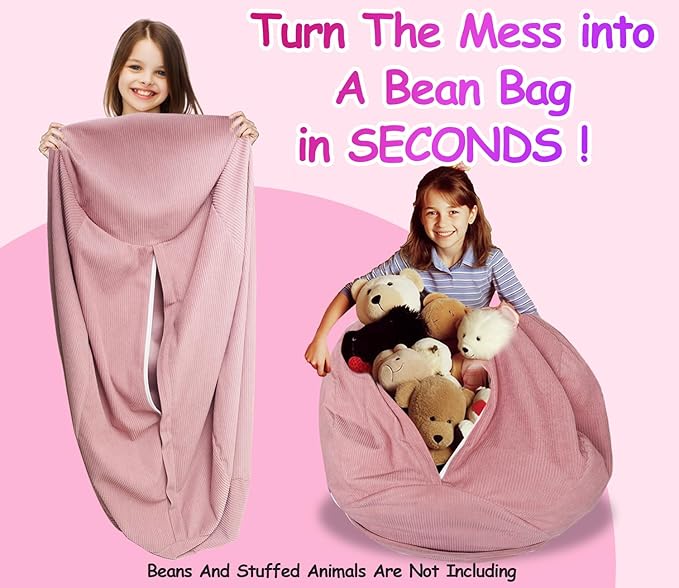 Stuffed Animal Bean Bag Storage Chair Cover for Kids Teens Adults (No Filler) Soft Washable Premium Corduroy Organizing Plush Toys Comfortable Organizer Keep Clutter with Premium Zipper Medium
