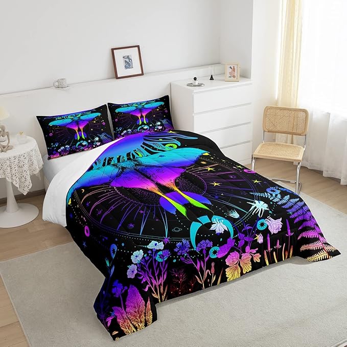 Erosebridal Moth Comforter Set Hippie Psychedelic Sun and Moon Bedding Set Twin,Purple Blue Ombre Galaxy Floral Botanical Comforter for Girls Teens Women Stars Planet Quilt Duvet 1 Pillowcase