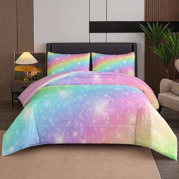NINENINE Rainbow Bedding Girls Full Size Comforter Sets 5PCS Girls Pink Bedding Set Teen Girl Comforter Set(1Comforter, 1Flat Sheet, 1Fitted Sheet, 2Pillowcases)…