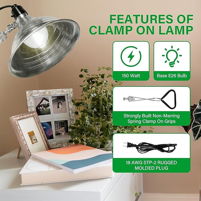 Simple Deluxe Clamp Lamp Light 150 Watt with 8.5 Inch Aluminum Reflector (no Bulb Included), 6 Feet Cord, 1 Pack, Black