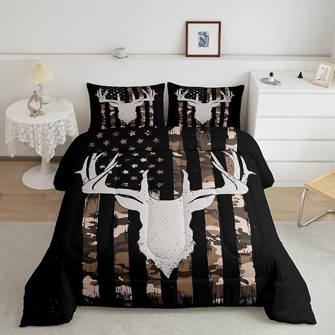 Erosebridal Brown Camo Deer Bedding Comforter Sets, American Flag Comforter Set Queen Size for Boys Teens, Western Farmhouse Antlers Bedding Retro Camouflage Geometry Striped Quilt 3 Pcs