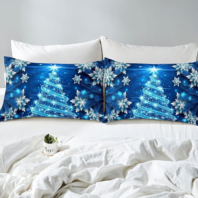 Feelyou Girls Christmas Tree Comforter Set Blue Xmas Theme Comforter Full Chic Winter Snowflake Bedding Set for Girls Daughter Bedroom Decor Soft Girly Glitter Quilted Duvet Winter Warm Bedding