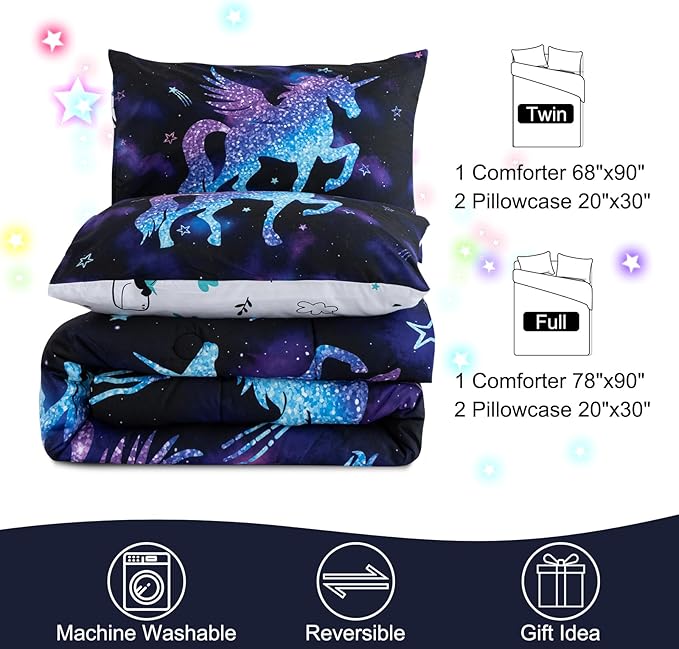 Meeting Story Dinosaur Comforter Set, Fluorescence Gradation Unicorn Twin Comforter Set, 3 PCS 1 Comforter and 2 Pillowcases in One Bag, All Season Bedspread for Kids Teens Adults（Twin）