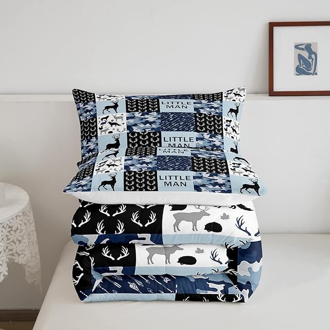 Manfei Camo Deer Antlers Comforter Set Twin,Geometric Checks Patchwork Bedding Set 2pcs for Kids Teens Boys Adults Room Decor,Boho Arrow Animals Quilt Set,Blue Xmas Duvet Insert with 1 Pillowcase