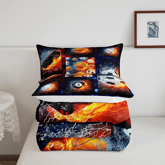 Sports Comforter Sets For Boys King,Teen Basketball Baseball Football Bedding Comforter Set For Men Volleyball Soccer Hockey Quilt Comforter,Red Blue Water And Fire Lightning Bed Duvet 2 Pillow Cases