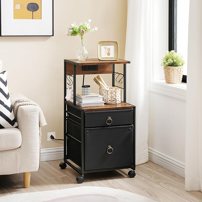 HOOBRO 2-Drawer File Cabinet, Filing Cabinet with Charging Station, Vertical Office Cabinet with Open Storage Shelf, Printer Stand, A4/Letter Size, Nonwovens Drawer, Rustic Brown and Black BFK23UWJ01