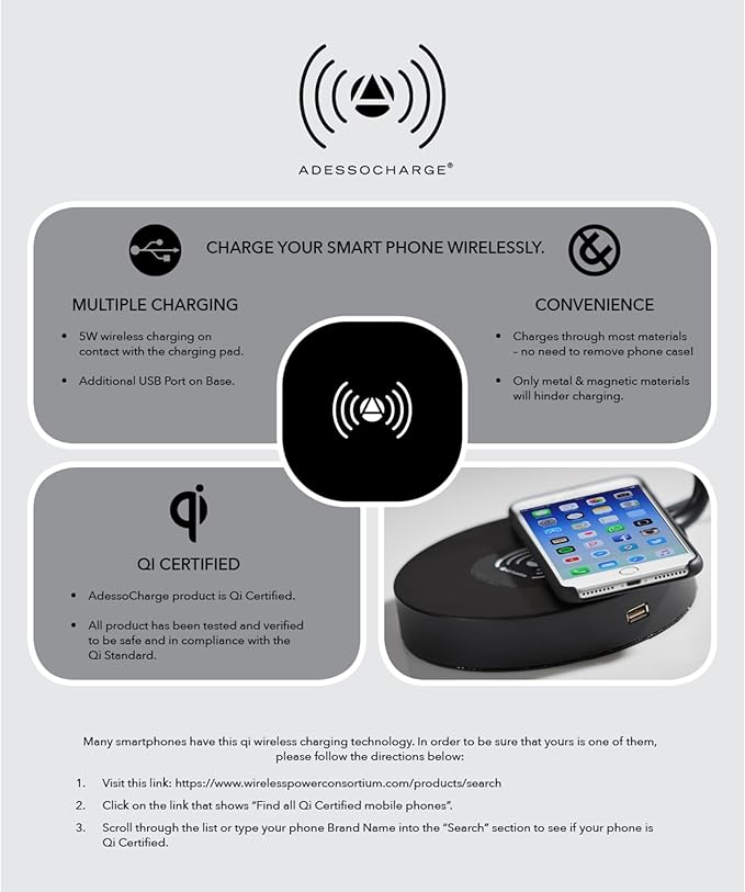 Adesso 4507-01 Maxine Desk Lamp Wireless Charging, 7W LED, 5W QI, USB Port, Indoor Lighting Lamps