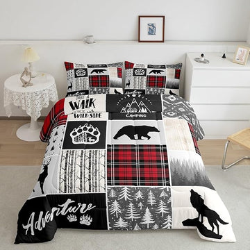 Deer Antlers Comforter Set Full Size,Bear Paws Pine Trees Xmas Bedding Set for Kids Boys Girls Adults Room Decor,Lattices Patchwork Rustic Farmhouse Down Comforter,Red Duvet Insert,2 Pillowcases