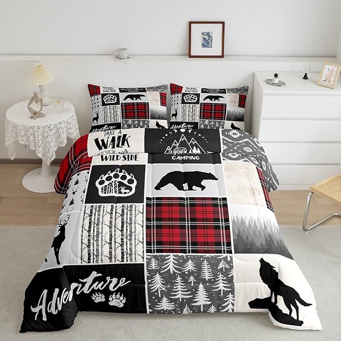 Deer Antlers Comforter Set Full Size,Bear Paws Pine Trees Xmas Bedding Set for Kids Boys Girls Adults Room Decor,Lattices Patchwork Rustic Farmhouse Down Comforter,Red Duvet Insert,2 Pillowcases