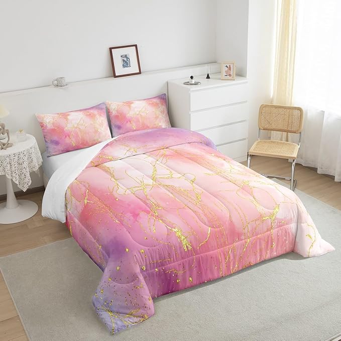 Pink Tie Dye Comforter Set, Marble Art Bedding for Boys Girls Teens Women, Glitter Marbling Printed Bedding Comforter Sets Pastel Aesthetic Duvet Insert Marble Bedroom Decor with 2 Pillowcases, Queen