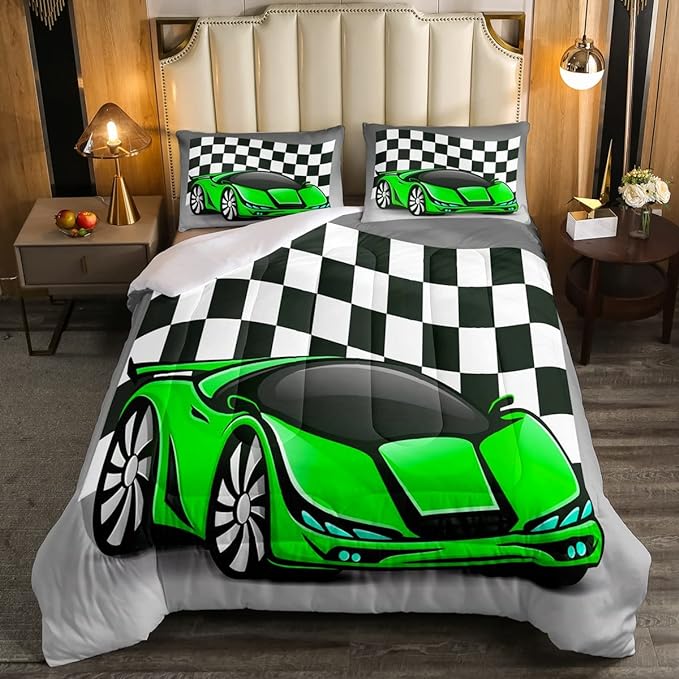 Racing Car Comforter Set, Cool Speed Race Car Down Comforter Full for Kids Boys Girls Teens Bedroom, Automobile Extreme Sport Bedding Set Plaid Checkered Duvet Sets with 2 Pillowcases, Grey Green
