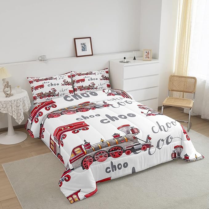 Feelyou Cartoon Car Bedding Set Kids Train Comforter Set Boys Girls Choo-Choo Rail Roads Tracks Decor Comforter Microfiber Train Construction Duvet Set Bedroom Quilt Set Twin Size