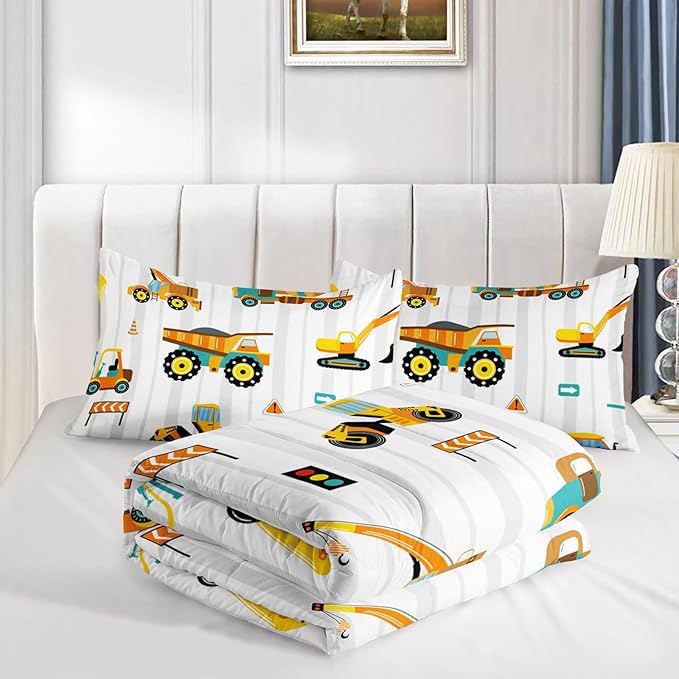 Axolotl Yellow Excavator Comforter Set Queen Size,Cartoon Excavator Bedding Set,Kids Machinery Truck Comforte Set,White Stripe Bedding Vehicle Car Decor for Kids Boys Teens,1 Quilt 2 Pillowcases
