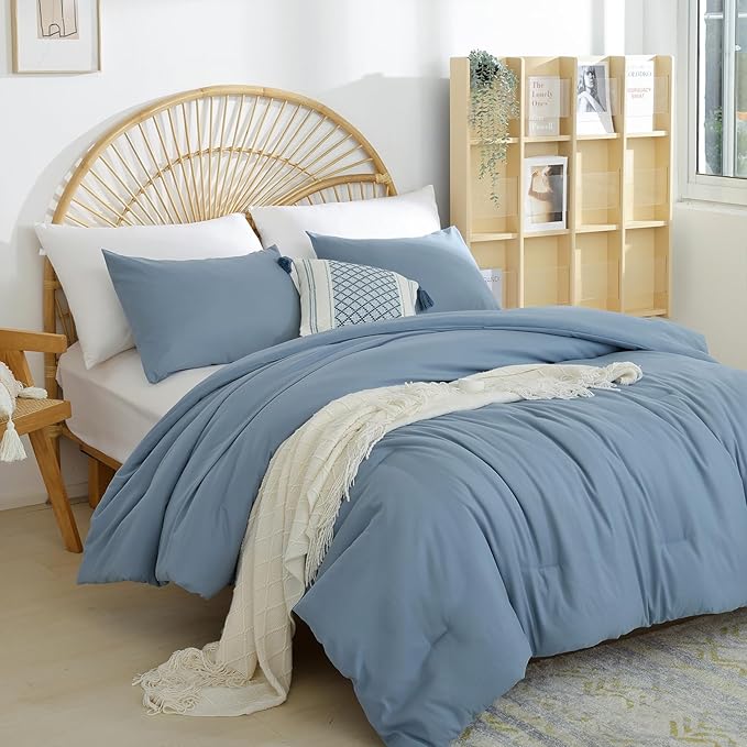 Dusty Blue Comforter Set Twin Boho Grayish Blue Twin Comforter with 1 Pillowcases - Soft Lightweight Cozy Bedding Set for All Season - Beige Comforter Twin Size for Women Teens Kids