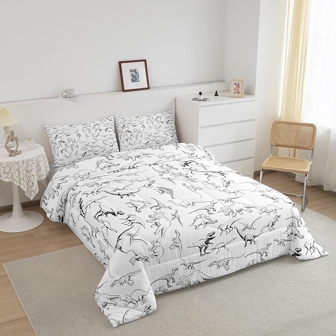 Feelyou Dinosaur Bedding Set Queen Size 3D Digital Print Comforter Set for Kids Boys Girls Decor Jungle Dino Comforter Wild Animal Black and White Duvet Set Bedroom Quilt Set