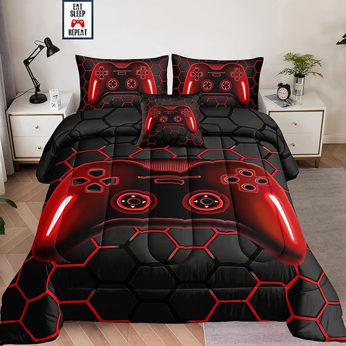 6 Pieces Bed in a Bag for Boys Bedding Sets Queen Size,Gamer Comforter Sets for Boys Kids, Gaming Comforter Set for Boys Room Decor with Flat Sheet,Fitted Sheet,Pillowcase,Cushion Cover