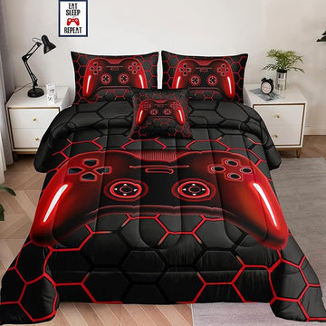6 Pieces Bed in a Bag for Boys Bedding Sets Queen Size,Gamer Comforter Sets for Boys Kids, Gaming Comforter Set for Boys Room Decor with Flat Sheet,Fitted Sheet,Pillowcase,Cushion Cover