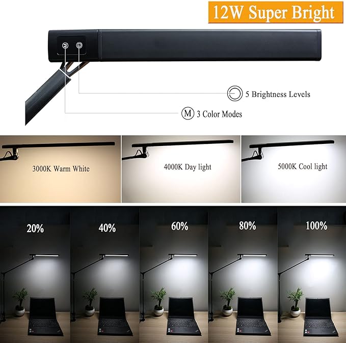 LED Desk Lamp, Architect Task Lamp, 12W Eye-Caring Metal Swing Arm Dimmable Drafting Table Lamp with Clamp,Touch Control Desk Lamp, Study Reading Work Office Workbench