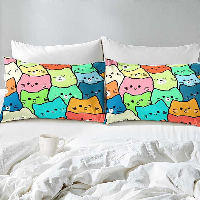 Cartoon Cat Comforter Set 3Pcs - Queen Size Cat Bedding Set for Bedroom Ultra Soft Lovely Animals Themed Comforter Set for Kids Room Decor for All-Season Boys Girls Gifts, 1 Quilt + 2 Pillowcases