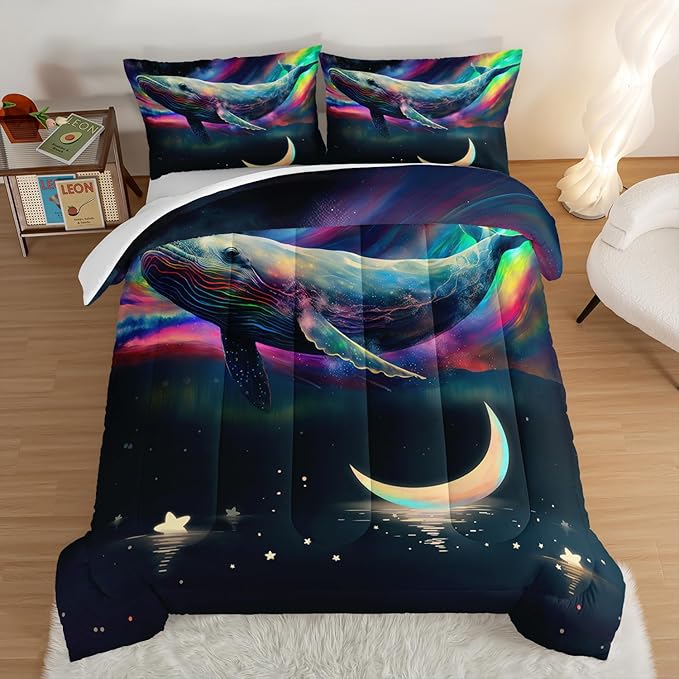 HOSIMA 3D Whale Galaxy Bedding Comforter Sets,Stars Moon Queen Comforter Set Starry Room Decor Aesthetics for Adults Kids,Ocean Theme Marine Life Whale Comforter with 2 Pillowcases.