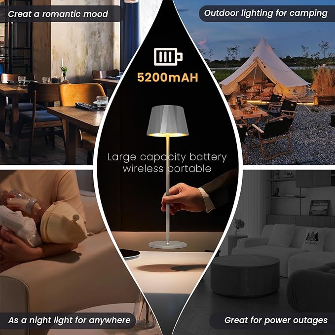Modern LED Cordless Waterproof Table Lamp,5200mAh Touch Dimmable Desk Lamp,Rechargeable Battery Powered Night Light for Indoor/Outdoor Dining (Silver, 3000K, Warm White)