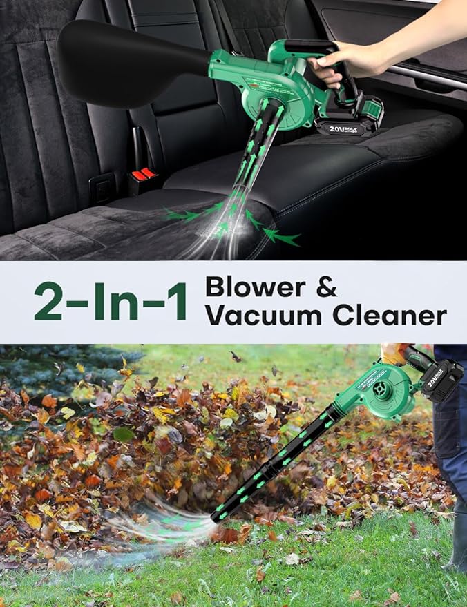 K I M O. Cordless Leaf Blower Vacuum Combo 4 IN 1, 3 Nozzles for Inflation & Compression,3 Modes & Variable Speed, 20000RPM 150MPH, 2000mAh Battery, Extended Tube, Mini Leaf Blowers for Lawn Care|Yard
