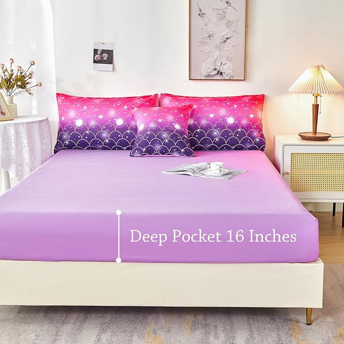 URBONUR 6Pcs Twin Comforter Set for Girls Pink and Purple Mermaid Printed Kids Bedding Set, Soft Microfber Gilrs Twin Bed Sets