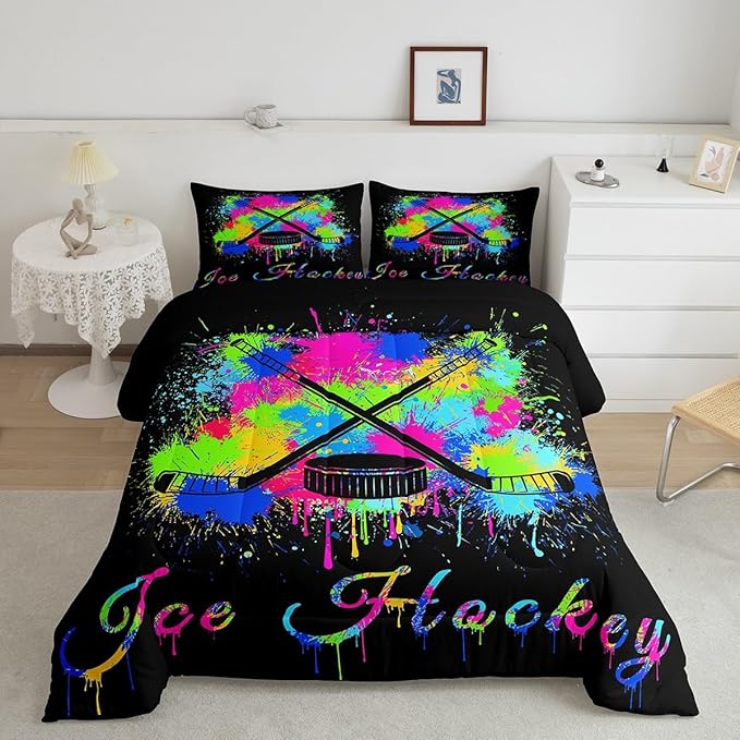 Feelyou Kids Ice Hockey Comforter Set Queen Size Gaming Sports Bedding Set for Boys Girls Teens Bedroom Decor Ice Sports Games Tie Dye Comforter Hockey Player Duvet Set with 2 Pillow Case