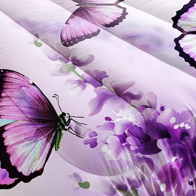 Purple Lavender Butterfly Comforter Set for Girl Kid Adult Colorful Butterfly Pattern Bedding Set Aesthetics Butterflies Quilt Bed Set Queen Size with 1 Comforter and 2 Pillowcases