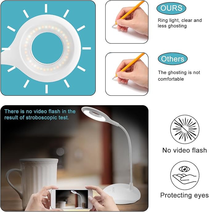 LED Desk Lamp Dimmable Table Light, 3 Modes, Stepless Brightness, Sensitive Control, Flexible 360° Adjustable Eye-Caring Office Read Lamp, Cordless USB Desk Light, White