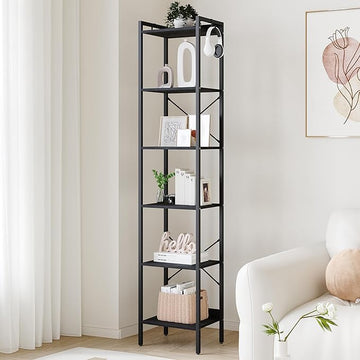 Bookshelf, Book Shelf, Industrial Bookcase with 2 Hooks, Coner Shelf Storage Organizer for Home Office, Living Room, Bedroom, Kitchen, 6-Tier Black BC10704B