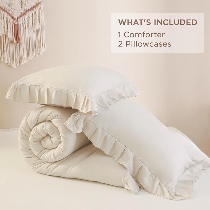 Andency Beige Comforter Set King, 3 Pieces Farmhouse Shabby Chic Ruffle Comforter, Lightweight Fluffy Soft Microfiber All Season Solid Bed Comforter Set (1 Ruffle Comforter & 2 Pillowcases)