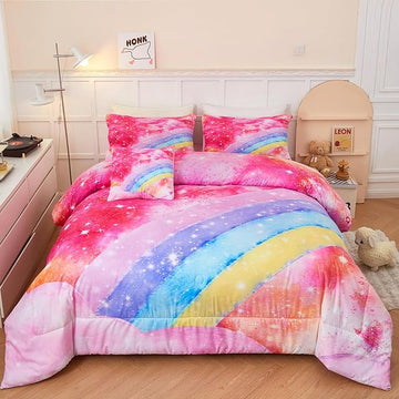 Rainbow Twin Size Comforter Set for Girls 6 Pieces Sparkle Tie Dye Pink Girls Bedding Comforter Sets Galaxy Kids Bed Comforter Sets Gradient Glitter Soft Bed in A Bag with Sheets