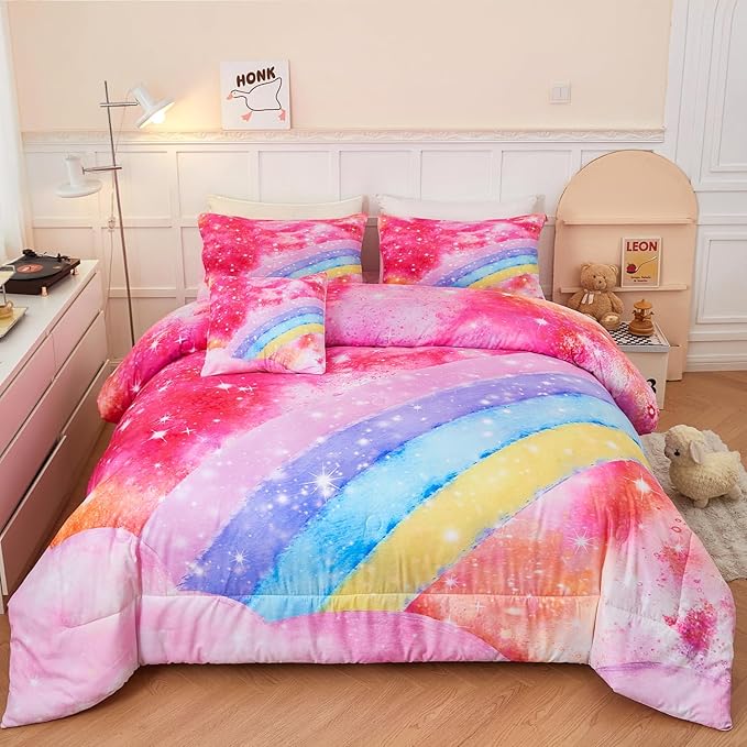 Rainbow Twin Size Comforter Set for Girls 6 Pieces Sparkle Tie Dye Pink Girls Bedding Comforter Sets Galaxy Kids Bed Comforter Sets Gradient Glitter Soft Bed in A Bag with Sheets