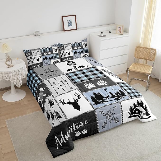 Deer Bear Kids Comforter Set Full Size,Hunting Adventure Rustic Farmhouse Bedding Set for Boys Girls Adults Room Decor,Geometric Plaid Patchwork Down Comforter,Blue Xmas Duvet Insert,2 Pillowcases