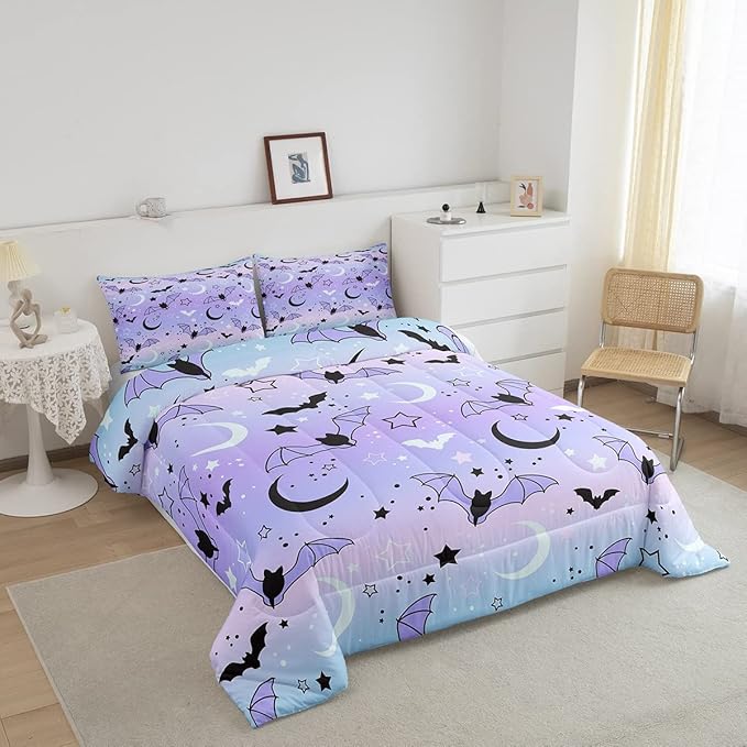 Feelyou Halloween Comforter Rainbow Comforter Set for Boys Girls Children Bat Moon Star Print Bedding Set Halloween Theme Purple Gradient Style Room Decor King Size Duvet Set 3Pcs