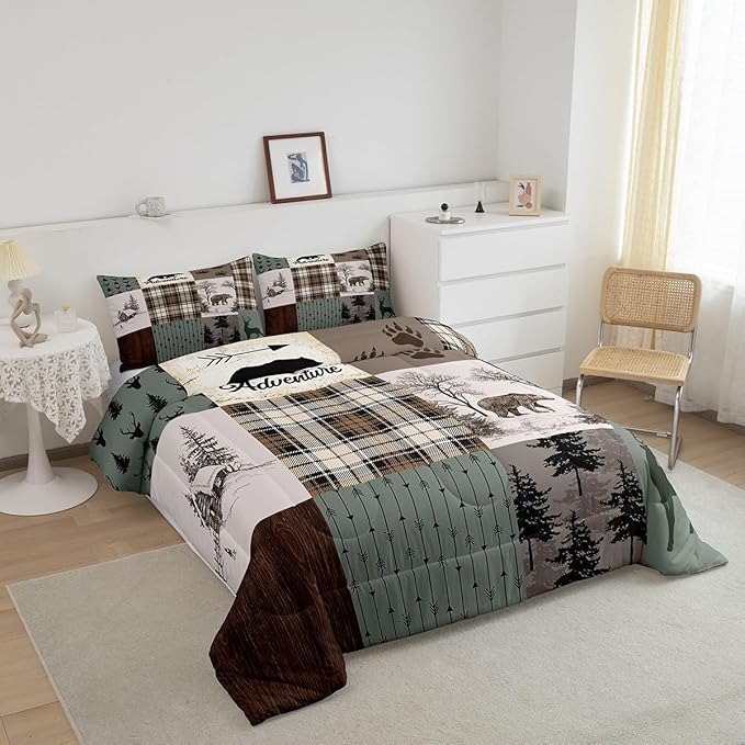 Rustic Farmhouse Kids Comforter Set Full Size,Deer Antlers Bear Paws Plaids Patchwork Bedding Set for Boys Girls Adults Room Decor,Pine Trees Arrows Down Comforter,Xmas Duvet Insert,2 Pillowcases