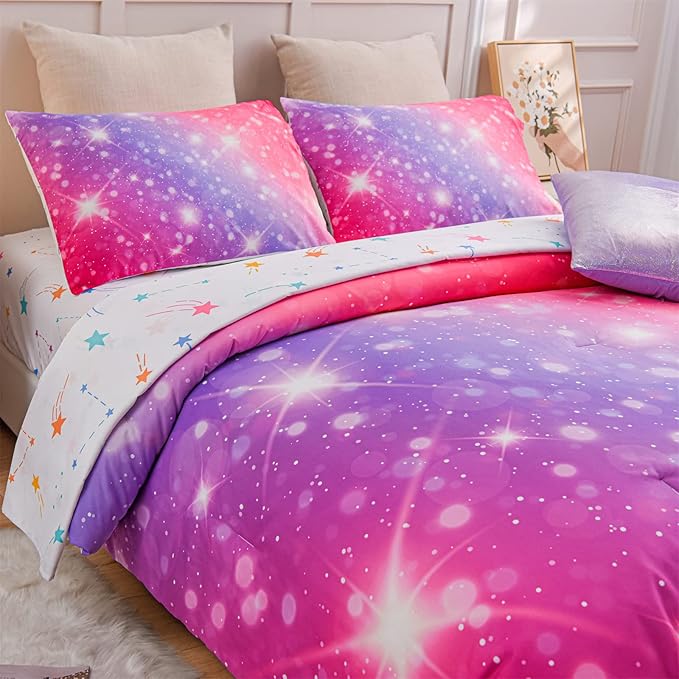 A Nice Night 6Pcs Gradient Glitter Bedding Set for Girls, Colorful Rainbow Galaxy Comforter Set, Ultra Soft Bedding Sets (Pink-Purple,Full 6Pcs)