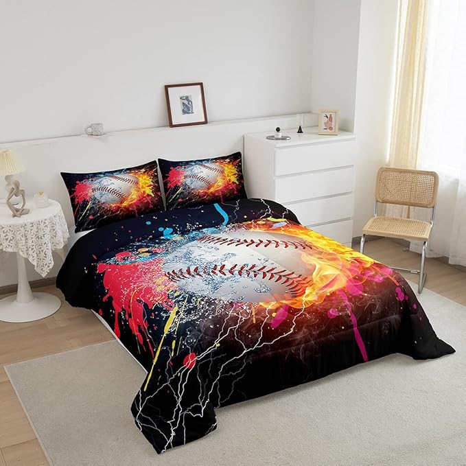 Baseball Queen Comforter Set For Boys,Tie Dye Baseball Sports Bedding Set Red Blue Fire Water Lightning Duvet Insert For All Season,Sports Baseball Quilt Soft Lightweight Bedroom Decor 2 Pillow Cases