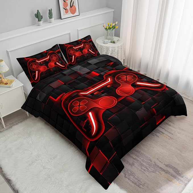 Axolotl Gamepad Comforter Set Queen Size,Red Grid Print Bedding Set,Boys Gaming Console Comforter Set,Video Gaming controller Bedding Set for Teens Men Adults,1 Quilt 2 Pillowcases,Red Black