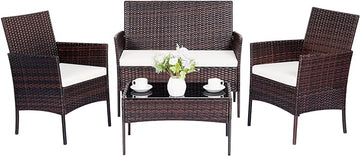 Patio Furniture Set,4 Piece Garden Conversation Set, Outdoor Wicker Rattan Table and Chairs, Black Patio Set, Sectional Sofa with Thick Cushion for Garden, Yard, or Porch (Brown/Beige)