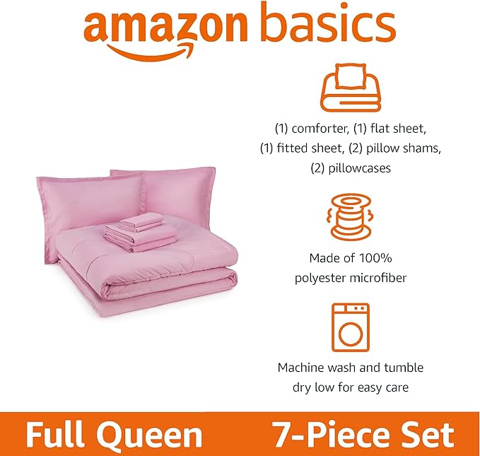 Amazon Basics 7 Piece Microfiber Kid's Bed-in-a-Bag Bedding Set, Full/Queen, Pink, Solid