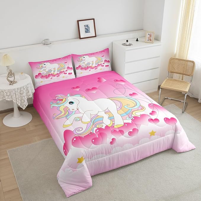 Girls Unicorn Comforter Set King Girly Fantasy Rainbow Unicorn Bedding Set for Kids Little Girls, Pink Love Heart Duvet Sets Dreamy Horse Cartoon Magical Animal Down Comforter with 2 Pillowcases