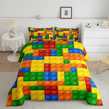 Feelyou Games Comforter Set Full Size Building Blocks Bedding Set for Kids Boys Girls Colorful Geometric Toy Brick Comforter Inner Fill Toddler Gaming Bedroom Nursery Quilt Duvet Set with 2 Pillowcase